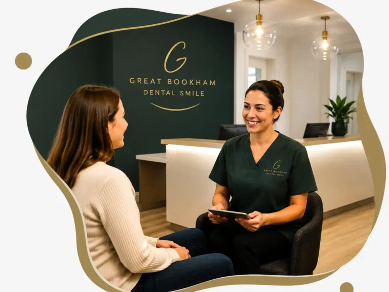 Friendly private dentist consulting with a patient at a modern dental practice near Leatherhead