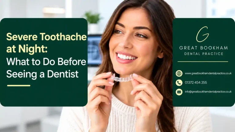 Severe toothache at night showing pain relief advice and when to seek emergency dental care at Great Bookham Dental Practice.
